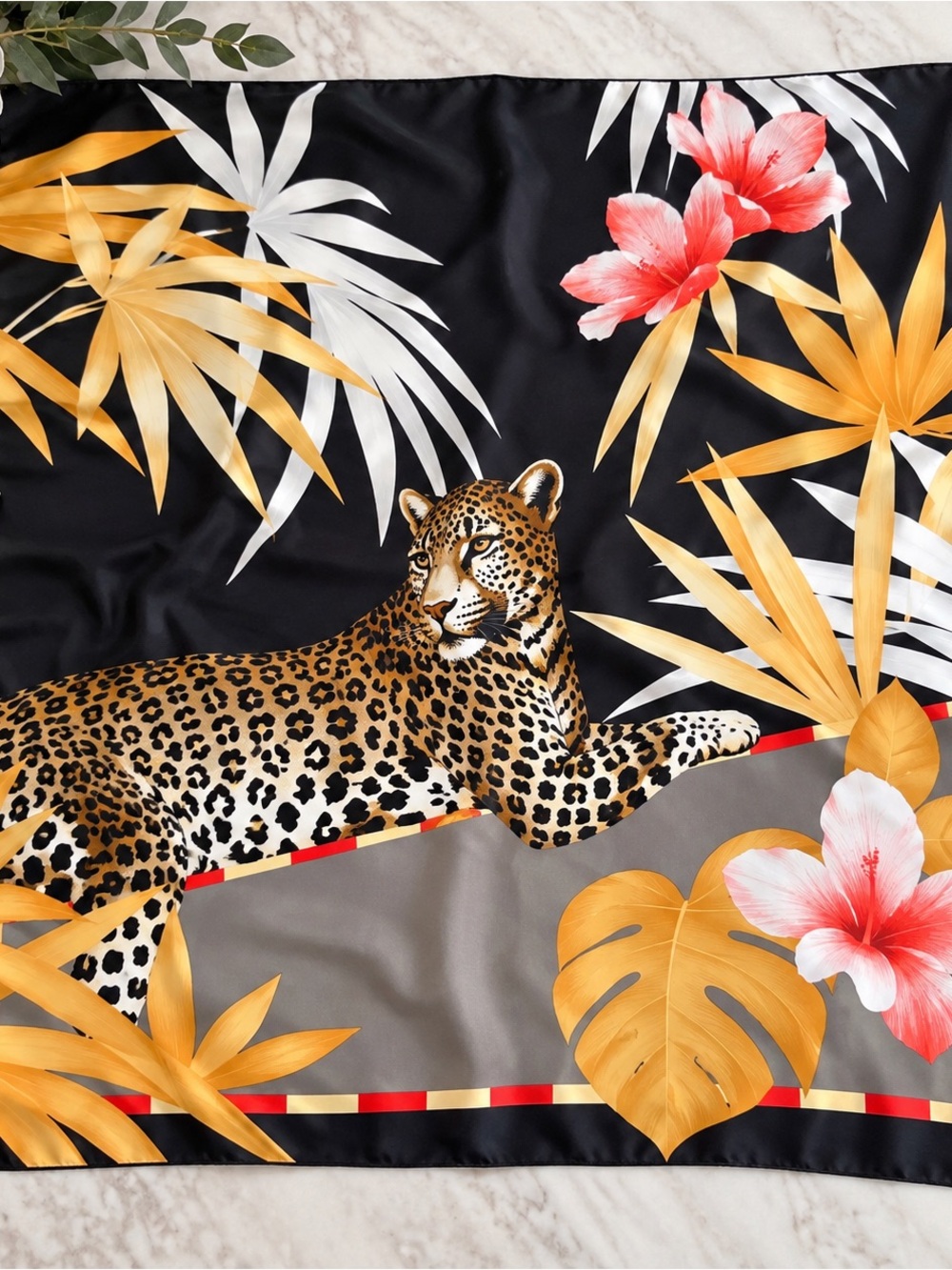 Vintage NOVISETA Italy 100% Silk Leopard Jaguar Tropical Floral Scarf 34”